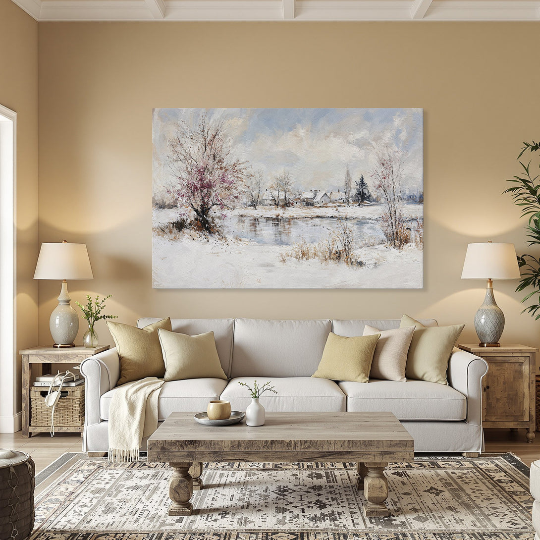 Framed Wall Art: Winter landscape Canvas Print with a serene, impressionistic style. Features a cool, muted color palette of blues, whites, and browns.