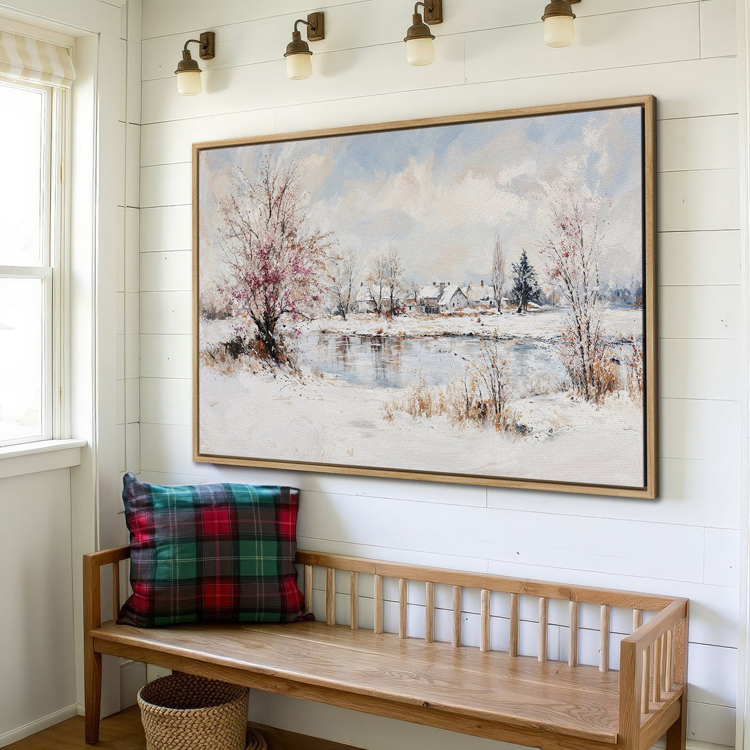 Framed Wall Art: Winter landscape painting in a rustic style, featuring a snowy scene with muted blue, white, and brown tones. Perfect for cozy interiors.