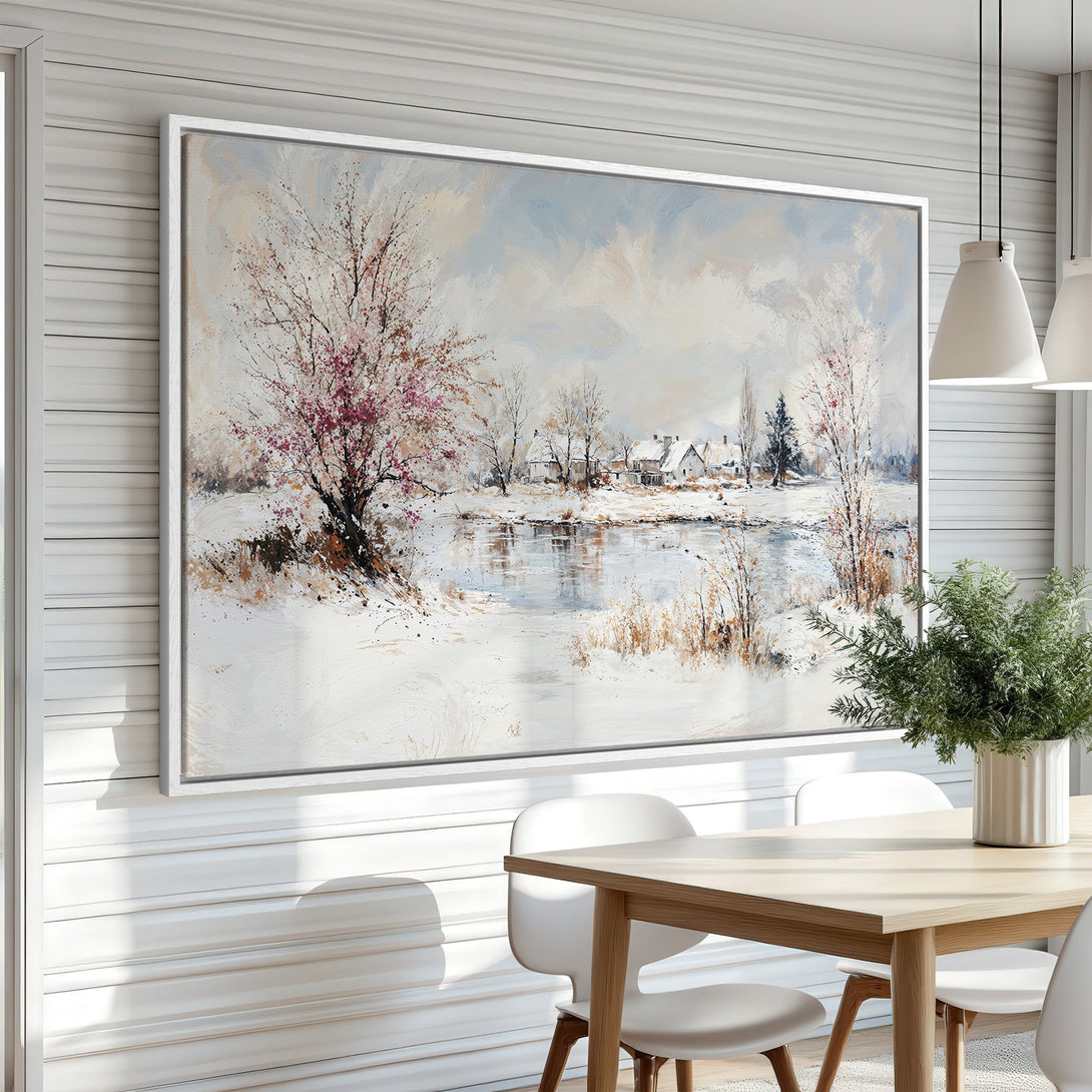 Framed Wall Art: Winter landscape canvas print with a serene, impressionistic style. Soft blues, whites, and hints of pink create a calming atmosphere.
