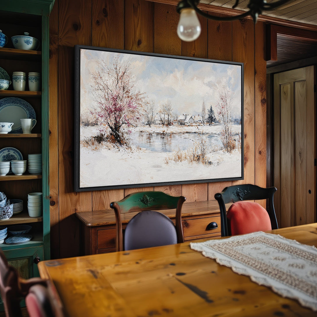 Framed Wall Art: Winter landscape canvas print with a serene, impressionistic style. Features a snowy scene with soft blues, whites, and pinks. Perfect for cozy interiors.