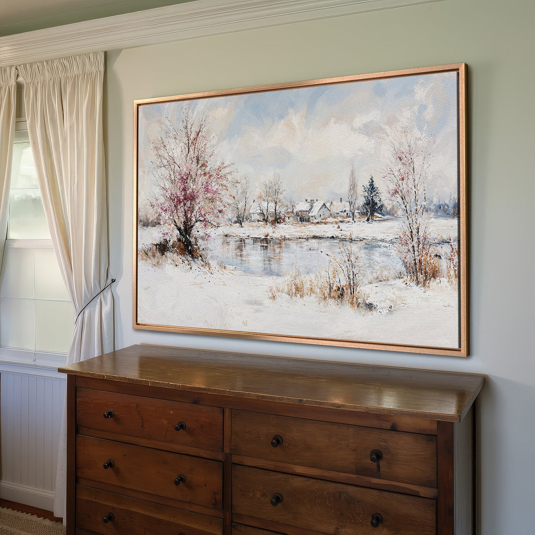 Framed Wall Art: Winter landscape Canvas Print with cool blue, white, and brown tones. Perfect for adding cozy, rustic charm to your home decor.