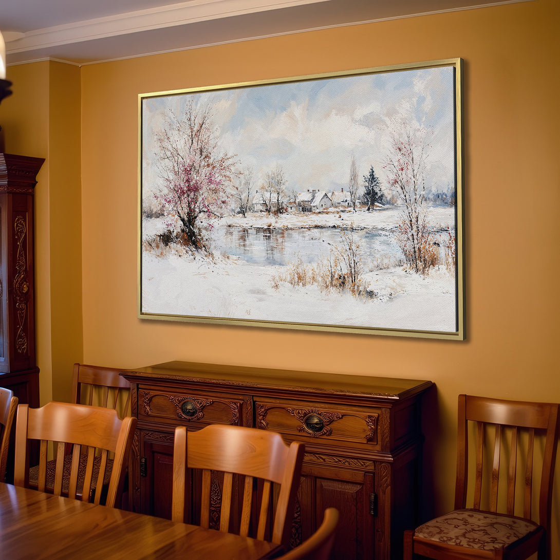 Canvas Print of a winter landscape painting in a neutral color palette, displayed in a cozy living room setting.