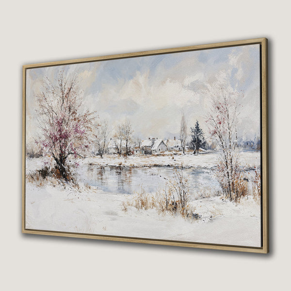 Framed Wall Art of a winter landscape painting with a soft, neutral color palette. Features a snowy scene with a river and trees.