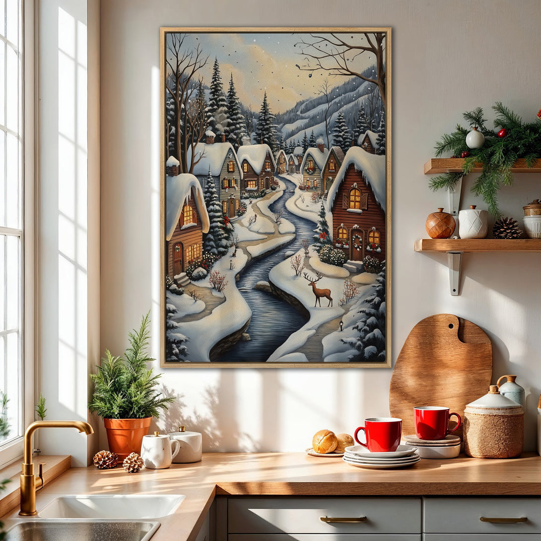 Framed Wall Art: Winter village scene in a cozy kitchen. Warm, inviting colors of snow, wood, and soft lighting create a charming, rustic aesthetic.