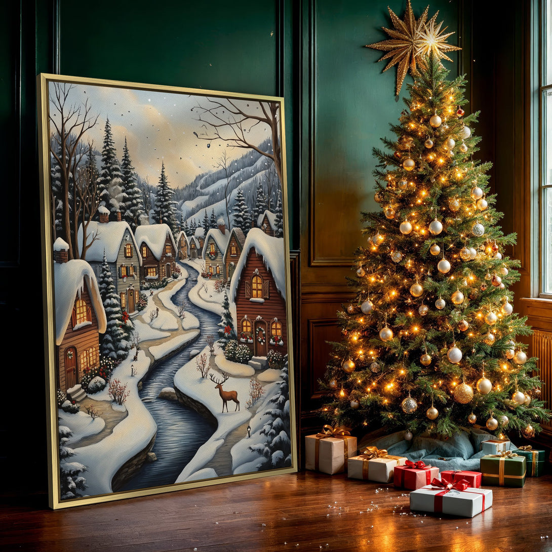 Canvas Print of a winter village scene in a cozy, illustrative style with a cool, muted color palette. Perfect for holiday decor!