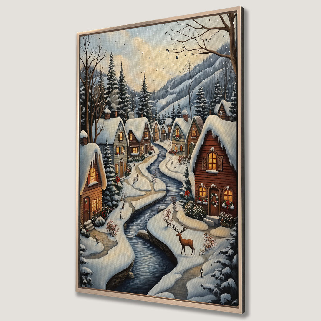 Framed Wall Art of a snowy winter village scene. Cozy illustration style with brown, white, and blue tones. Perfect for holiday decor.