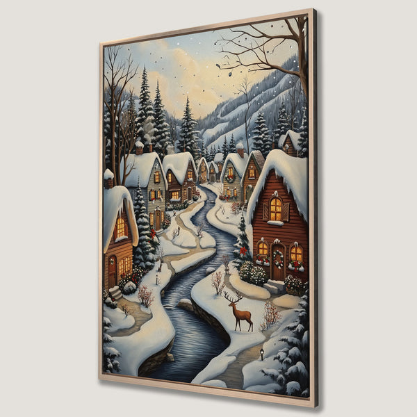 Framed Wall Art of a snowy winter village scene. Cozy illustration style with brown, white, and blue tones. Perfect for holiday decor.