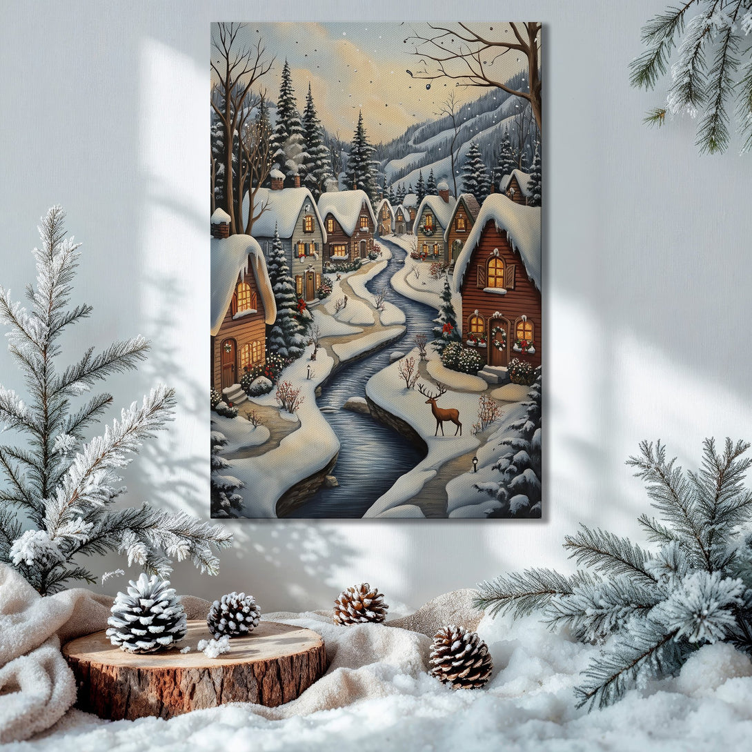 Framed Wall Art: Winter village scene in a cozy interior. Neutral & warm color palette, perfect for holiday decor. Add warmth to your home!