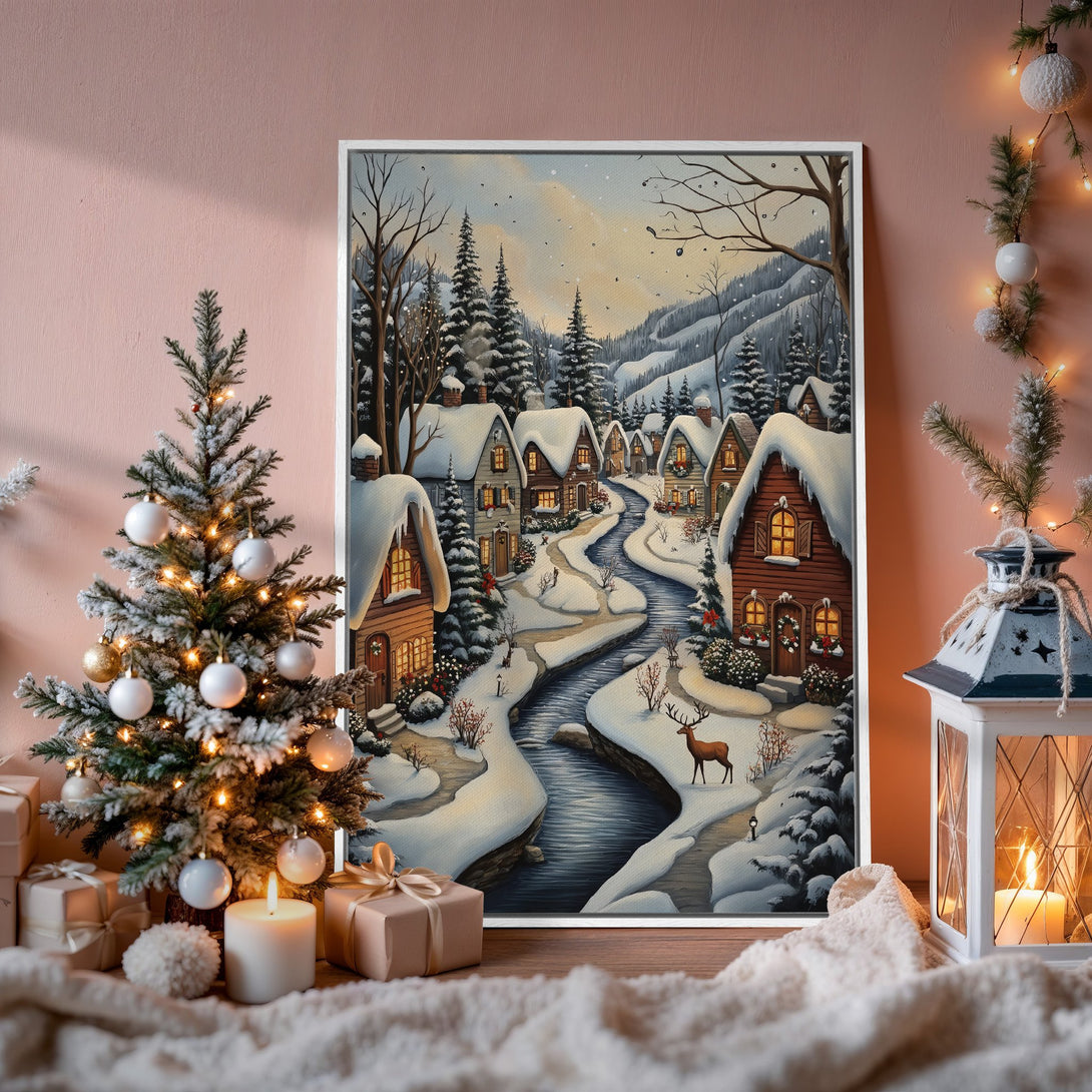 Framed Wall Art: Winter village scene Canvas Print with warm, cozy colors. Perfect holiday decor, featuring snow, houses, and a river.