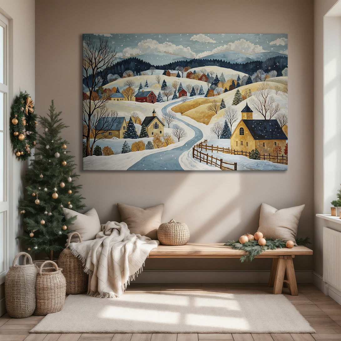 Framed Wall Art of a winter landscape with a village, featuring a watercolor style and a cool, muted color palette. Perfect for cozy interiors.