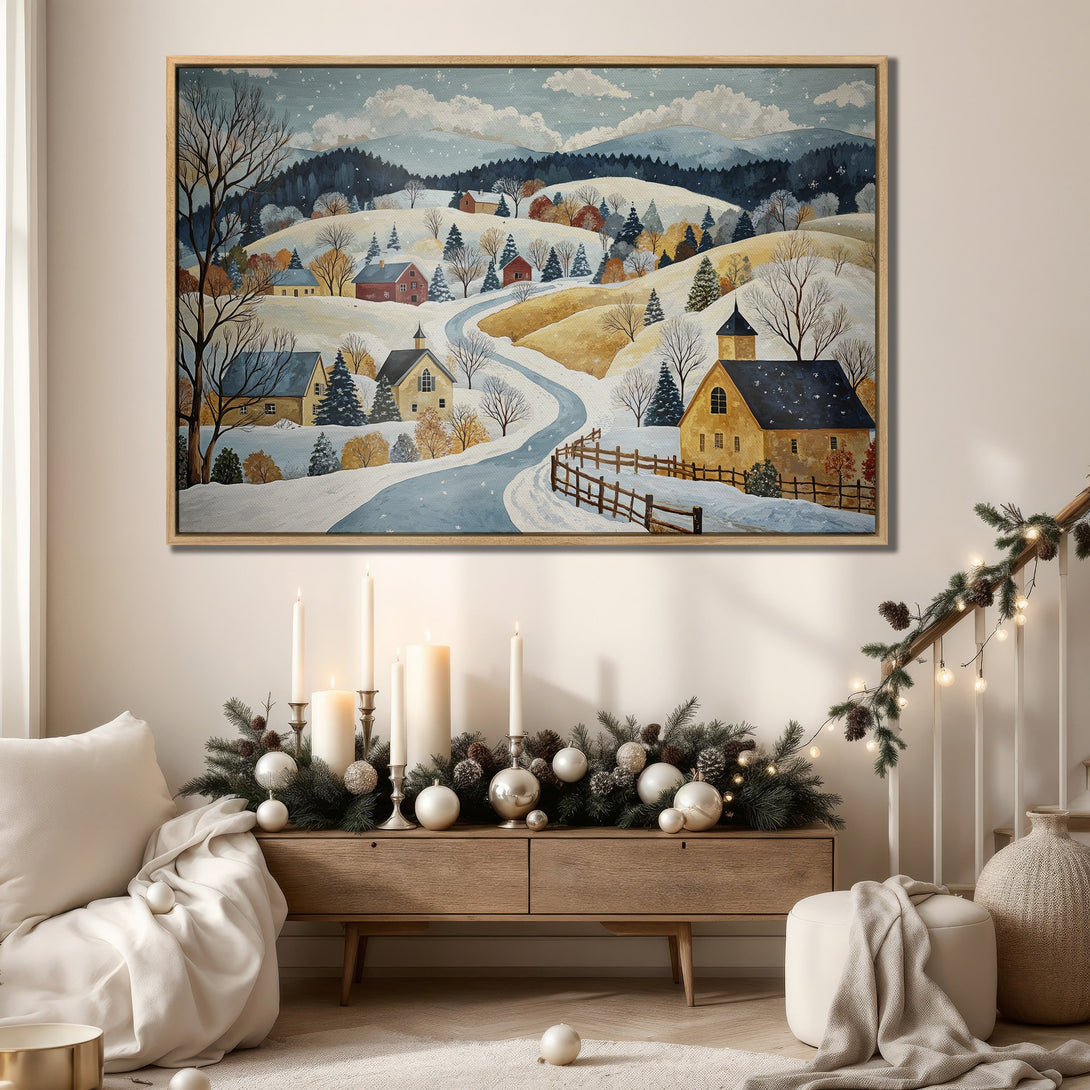 Framed Wall Art featuring a winter village scene in a watercolor style with a neutral, cozy color palette. Perfect for adding a touch of warmth to your home.