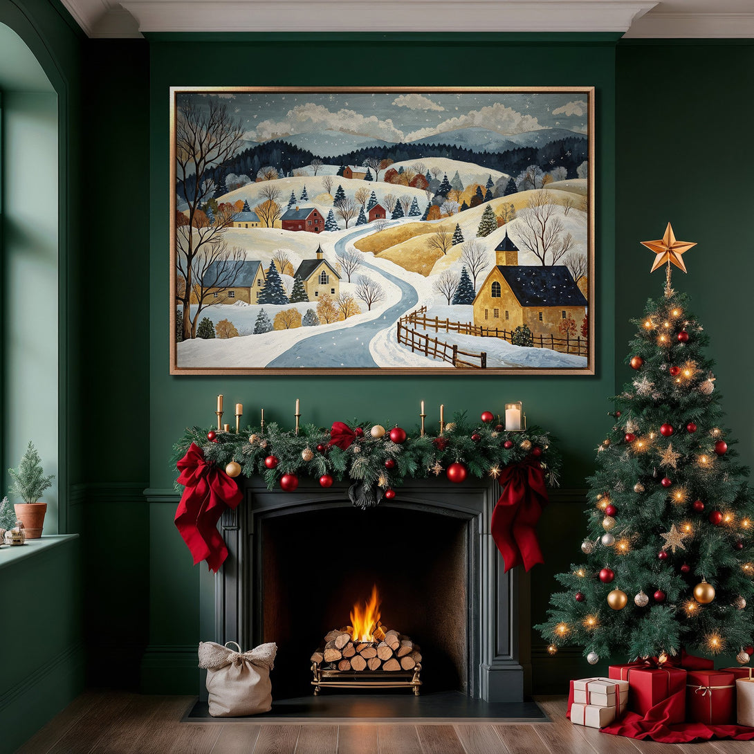 Framed Wall Art featuring a winter landscape painting in a cozy interior. Warm, inviting color palette with snow and gold tones. Perfect for holiday decor.
