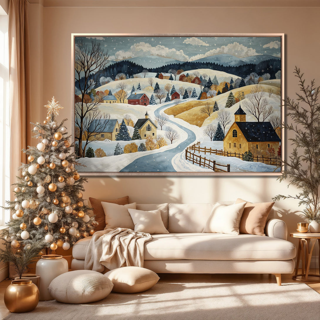Framed Wall Art: Winter landscape canvas print in warm neutral tones. Cozy farmhouse style art with snowy scene and charming village.