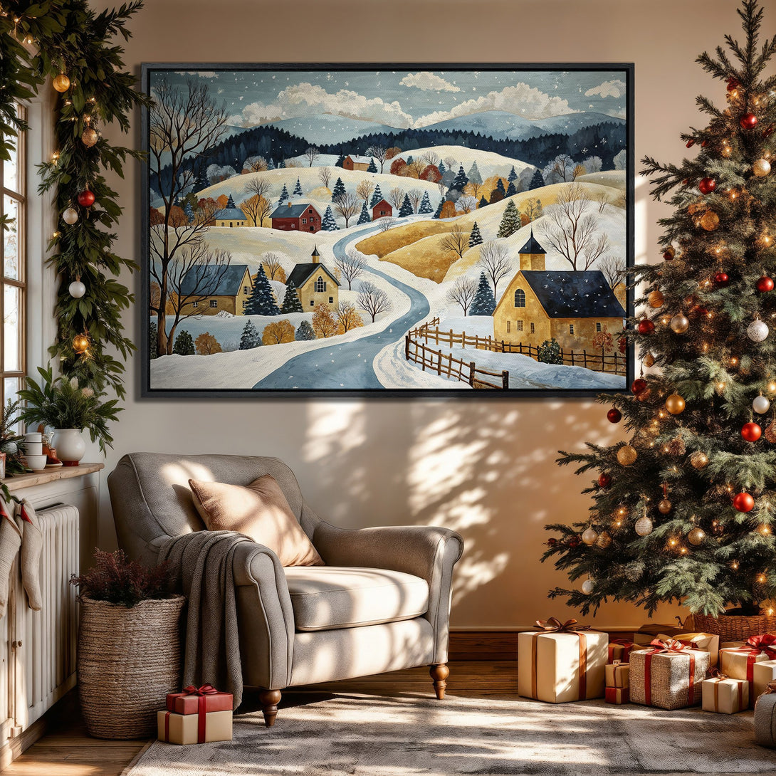 Framed Wall Art: Winter landscape Canvas Print in a cozy interior. Features a watercolor style, snowy scene with a warm, neutral color palette. Perfect for holiday decor!