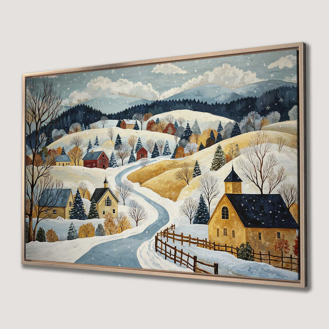Framed Wall Art: Winter landscape canvas print with a cozy village scene in a warm, inviting color palette. Perfect for adding charm to your home!