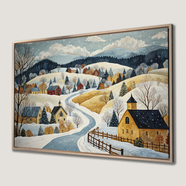 Framed Wall Art: Winter landscape canvas print with a cozy village scene in a warm, inviting color palette. Perfect for adding charm to your home!
