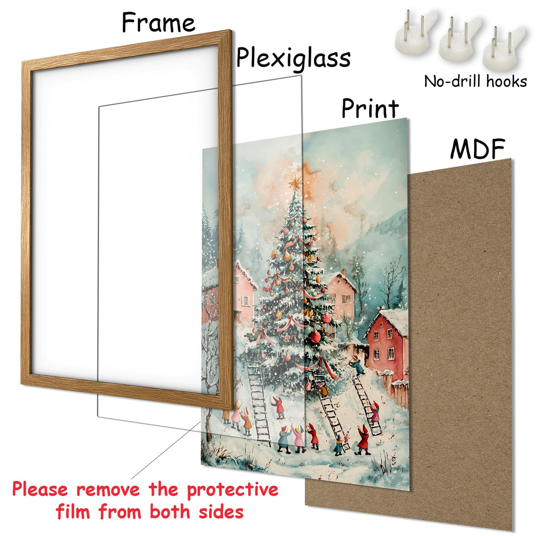 Framed Poster featuring a watercolor Christmas scene. Soft, pastel colors create a cozy, festive feel. Perfect holiday decor!