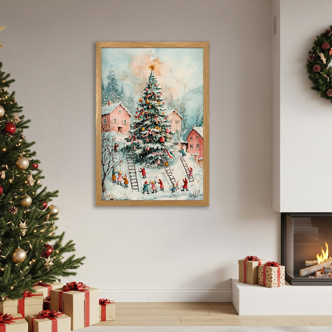 Framed Poster of a whimsical Christmas scene in watercolor style, featuring a decorated tree, pink houses, and a soft color palette.