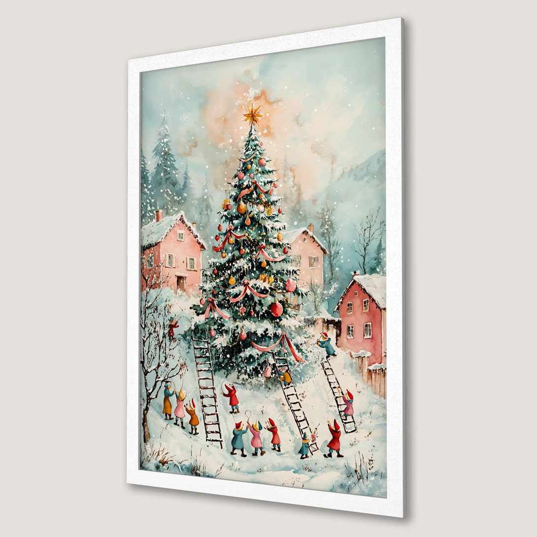 Framed Poster of a festive Christmas scene. Watercolor style, featuring a decorated tree, red houses, and a snowy landscape. Warm, inviting colors.