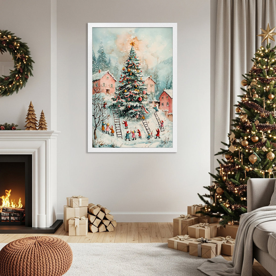 Framed Poster of a winter village scene in watercolor style with a festive Christmas tree, soft pastel colors. Perfect holiday decor!