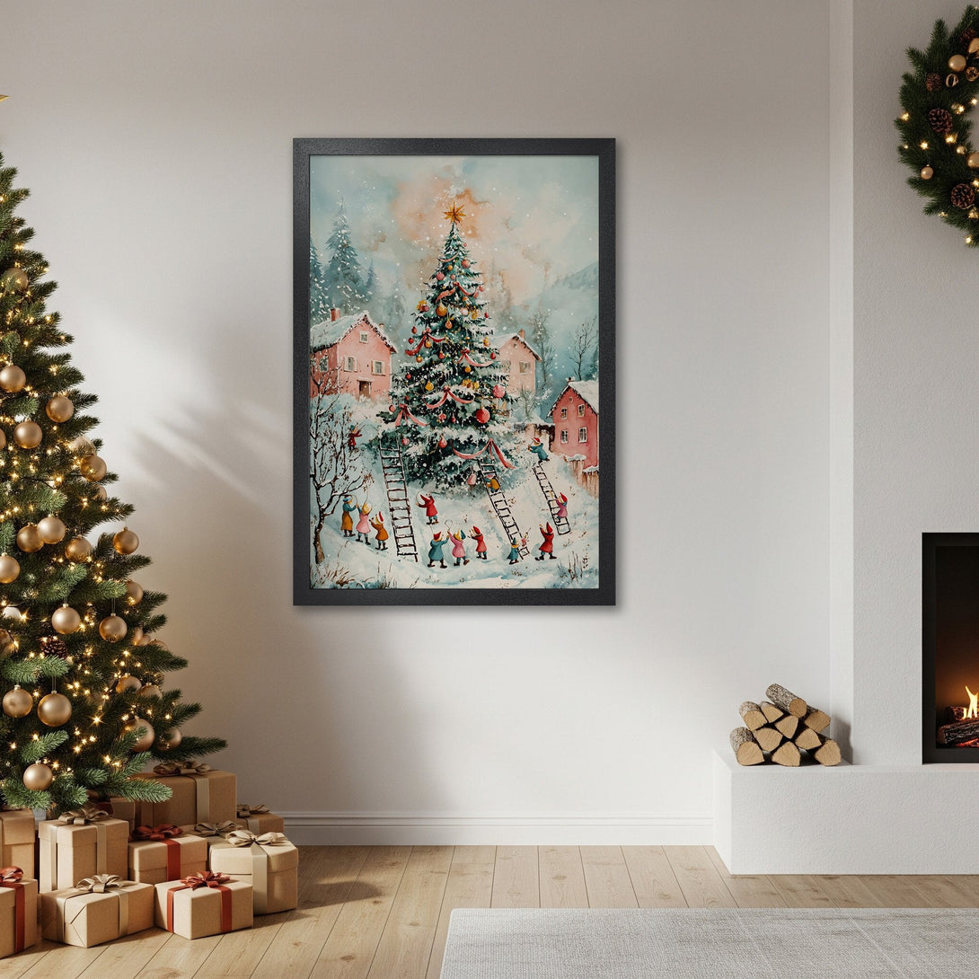 Framed Poster of a Christmas scene in watercolor style with a warm, inviting color palette. Perfect holiday wall art!
