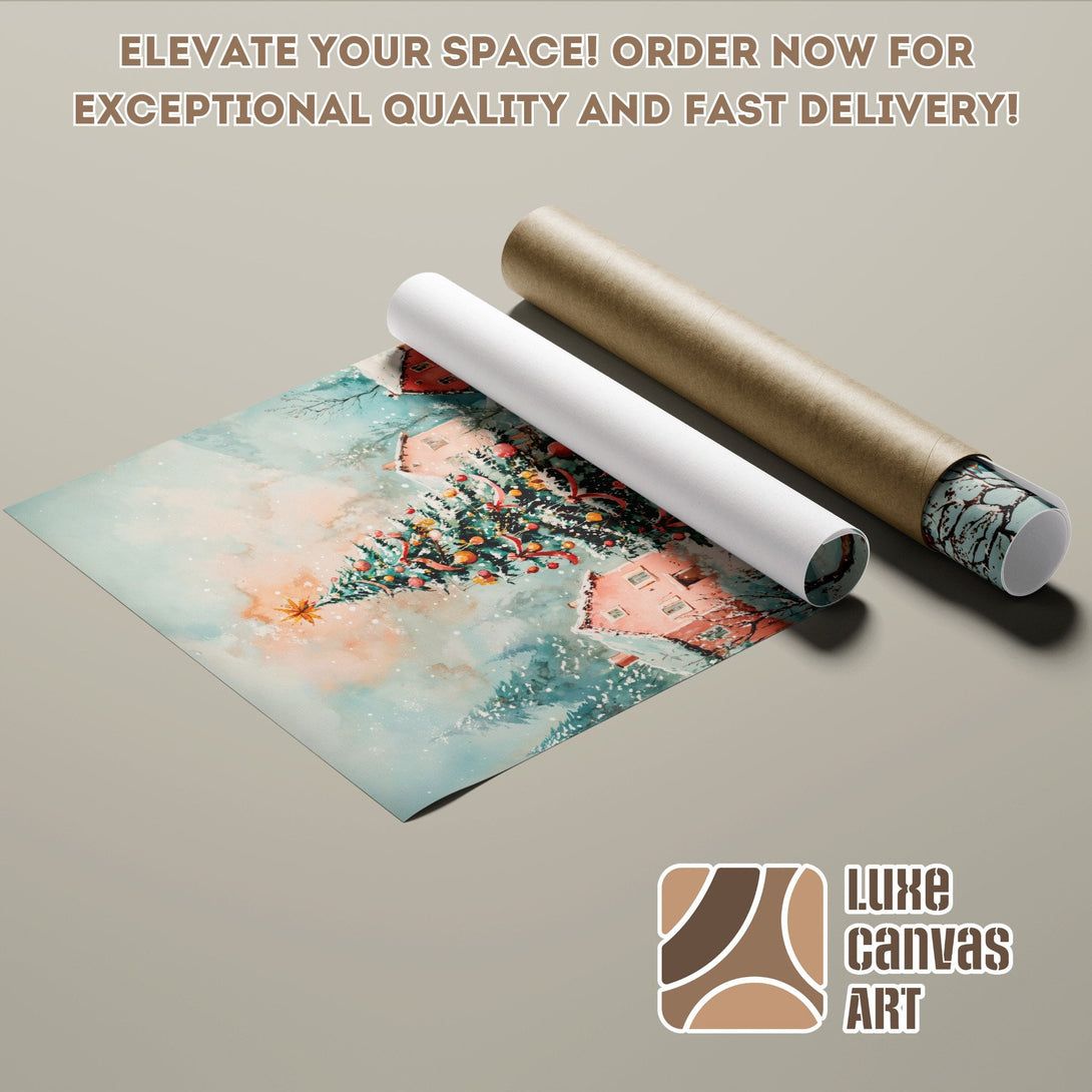 Winter scene Poster Roll in soft watercolor style, featuring a Christmas tree and houses. Pastel color palette.