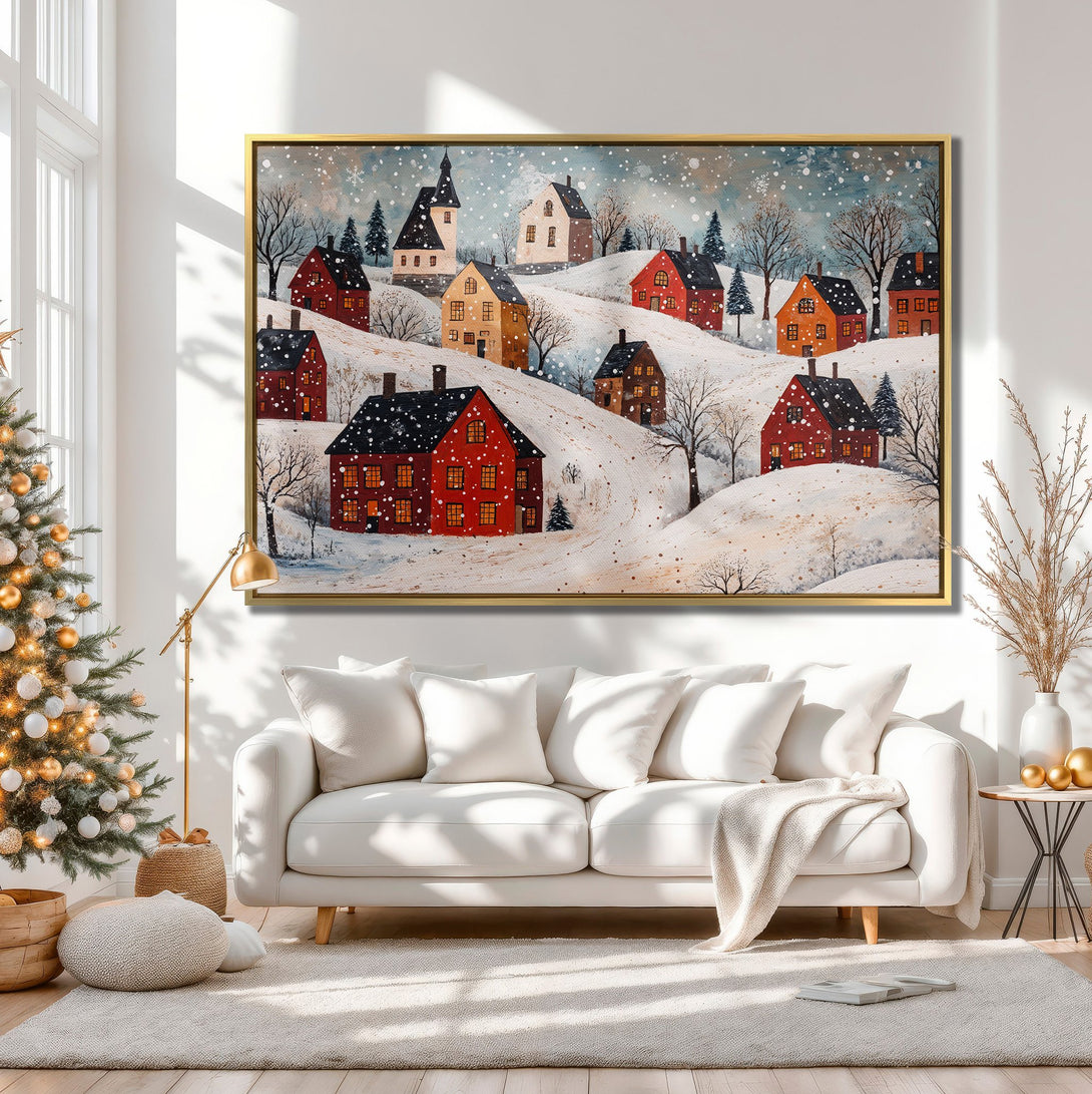 Canvas Print featuring a charming winter village scene in a folk art style. Warm red, gold, and white color palette. Perfect for holiday decor.