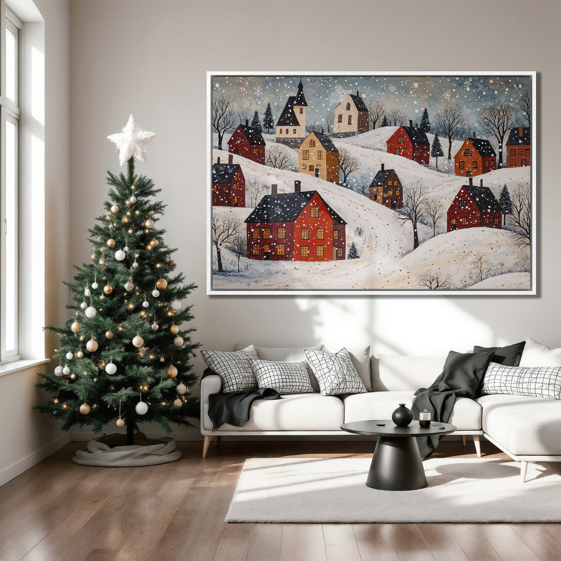 Framed Wall Art: Winter village scene canvas print in warm red and gold tones. Cozy folk art style, perfect for holiday decor.