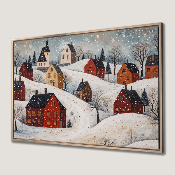 Framed Wall Art: Winter village scene with red houses, folk art style, snowy landscape, and a warm, inviting color palette. Perfect for cozy decor.
