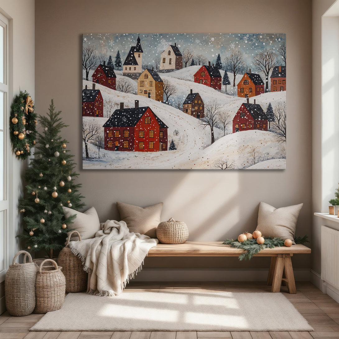 Framed Wall Art featuring a charming winter village scene. Whimsical style with red, orange, and neutral tones, perfect for cozy home decor.