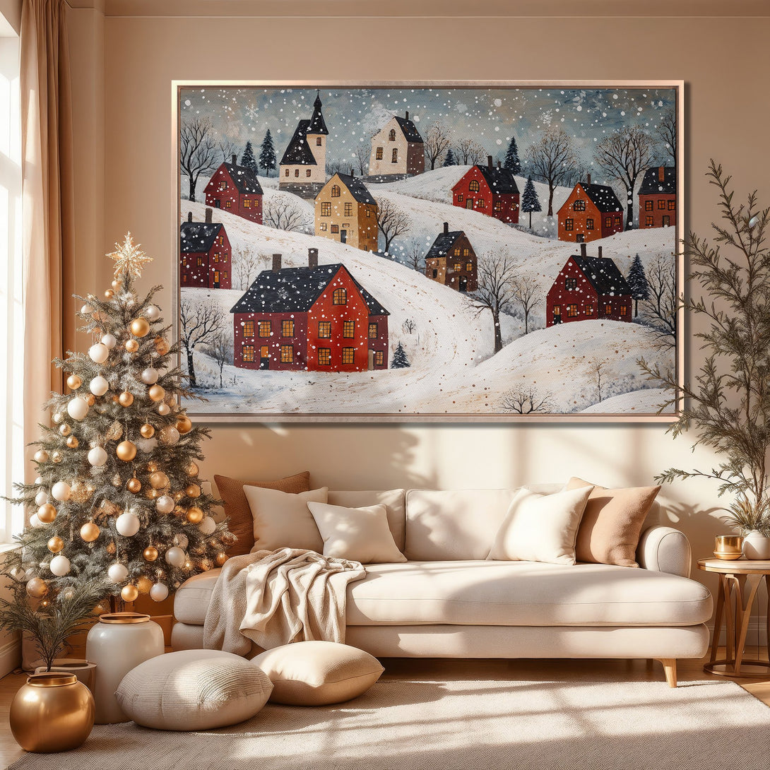 Framed Wall Art: Winter village scene canvas print in warm, inviting colors. Perfect for cozy decor and adding a touch of holiday charm to any space.