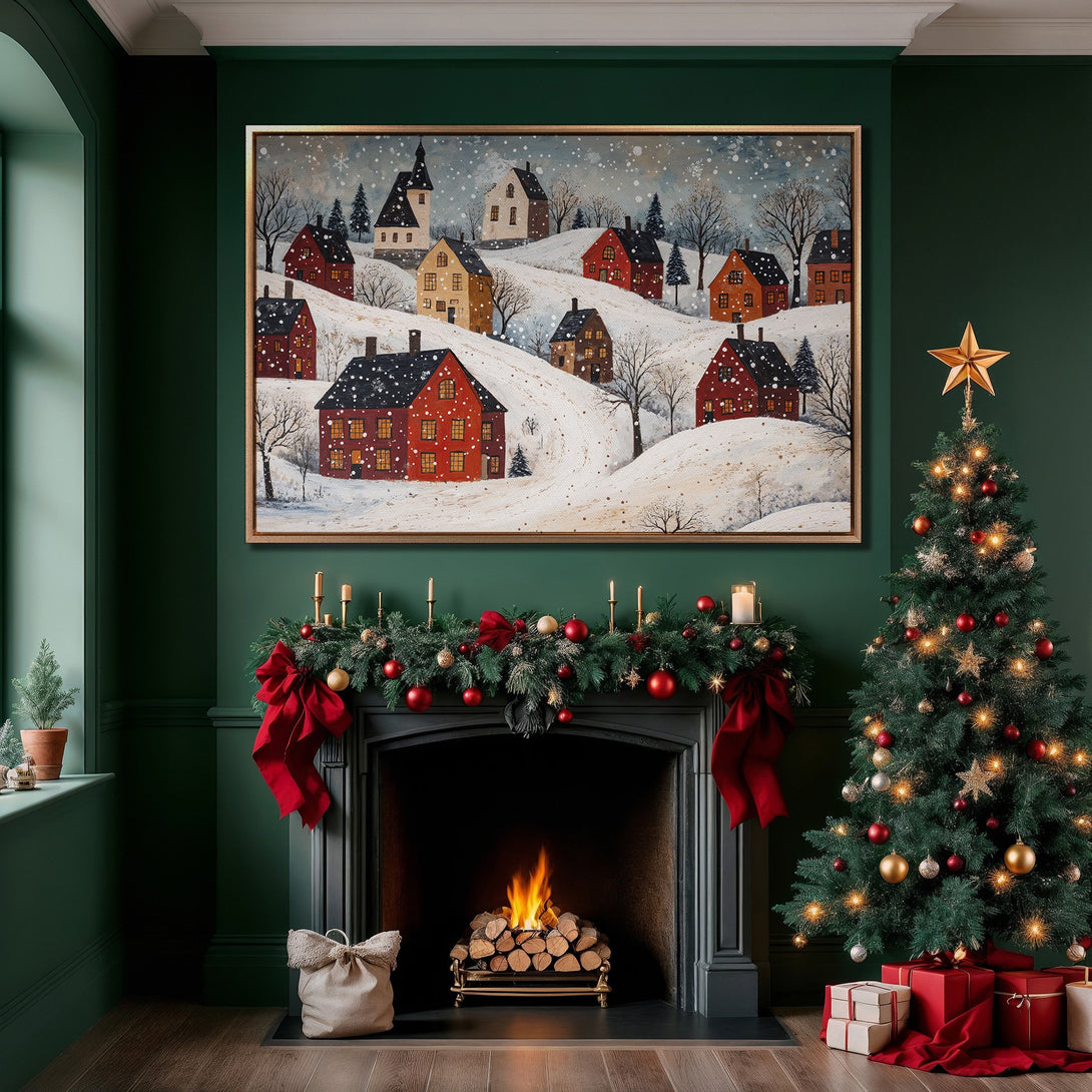 Framed Wall Art featuring a winter village scene in a cozy interior. Warm red and gold hues against a deep green backdrop create a festive holiday atmosphere.