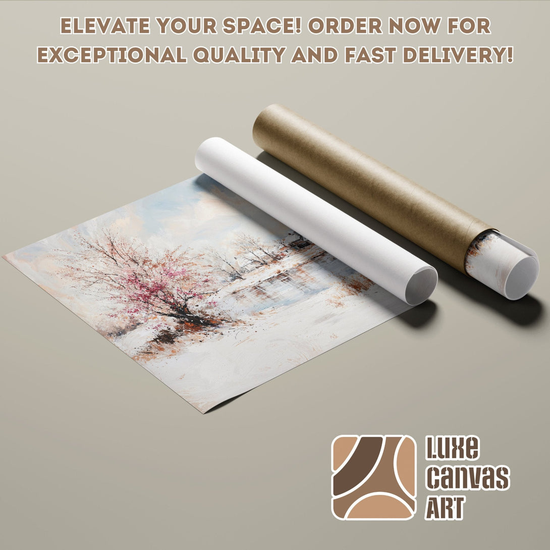 Winter landscape Poster Roll, art print with pink blossoms, neutral palette. Elevate your space!