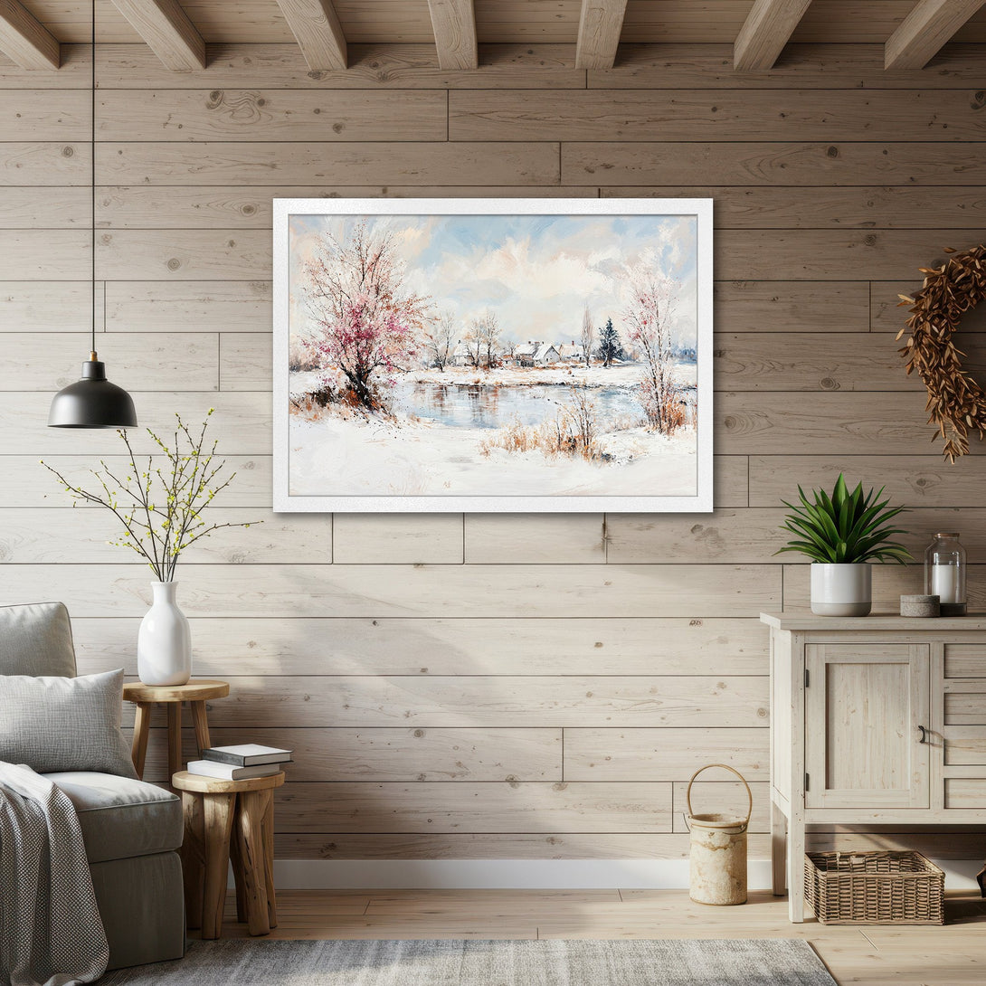Framed Poster of a winter landscape painting. Soft pastel colors and impressionistic style. Perfect wall art for a cozy home.