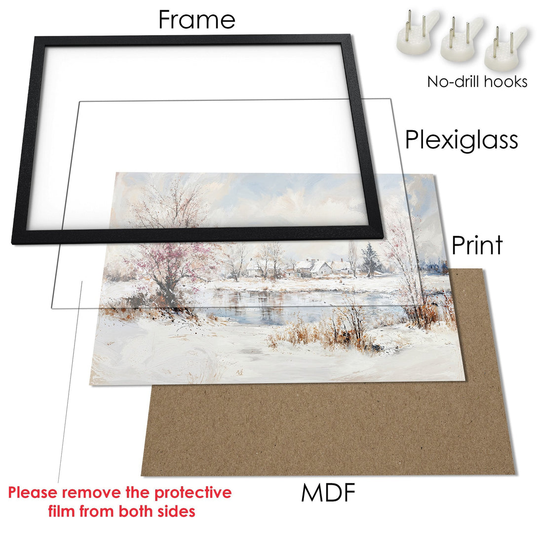 Framed Poster of a winter landscape painting. Featuring a black frame, soft pastel colors, and a touch of pink. Ready to hang!