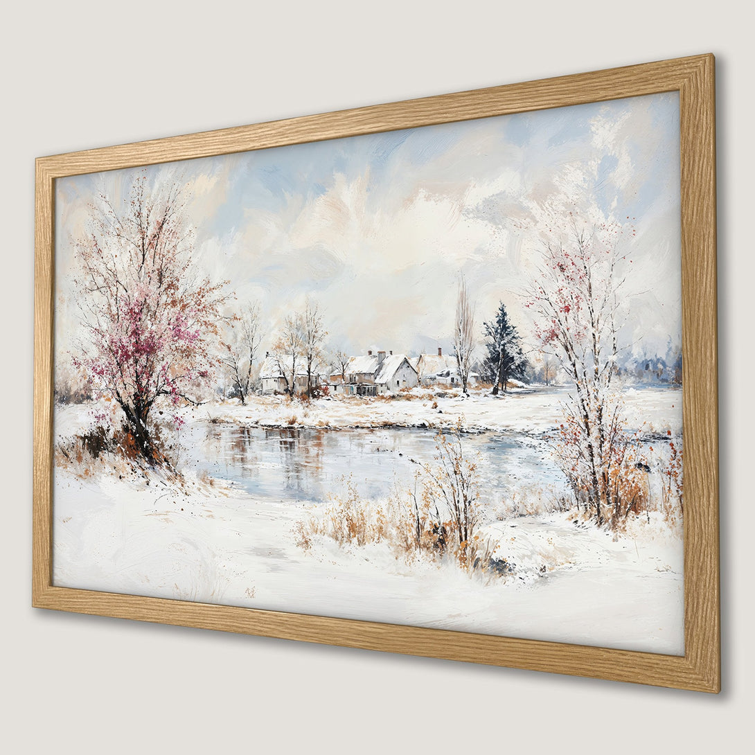 Framed Poster of a winter landscape painting. Features a serene scene with snowy trees, a river, and a soft blue and white color palette.