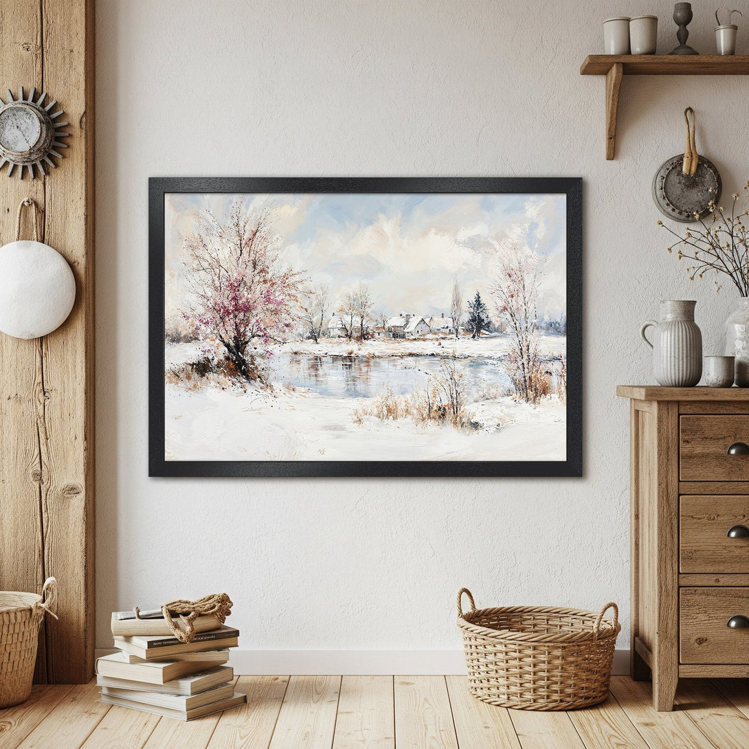 Framed Poster featuring a winter landscape painting, impressionistic style with a soft blue and pink color palette.