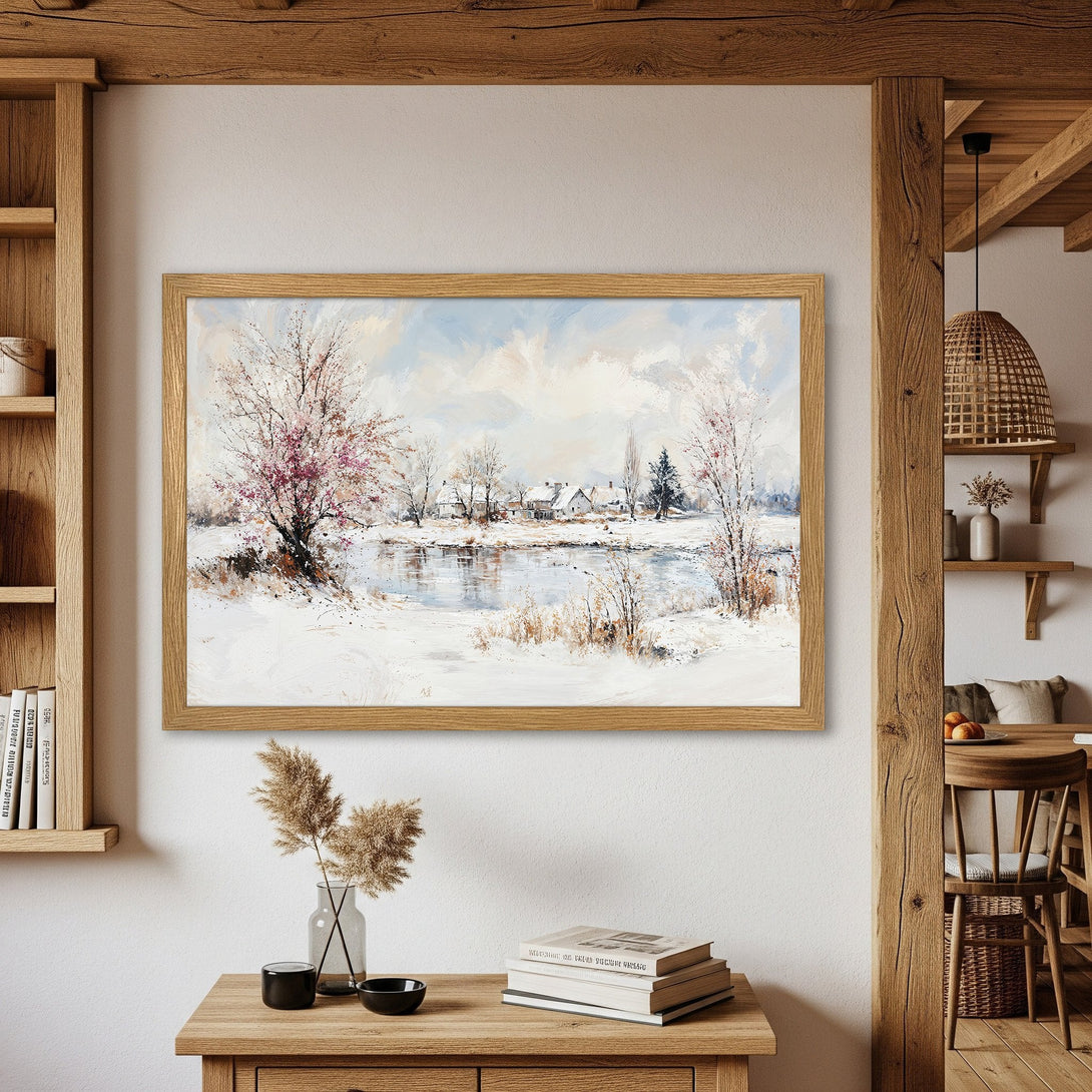 Framed Poster of a serene winter landscape painting. Soft, painterly style with a cool blue, white, and pink color palette. Perfect wall art.