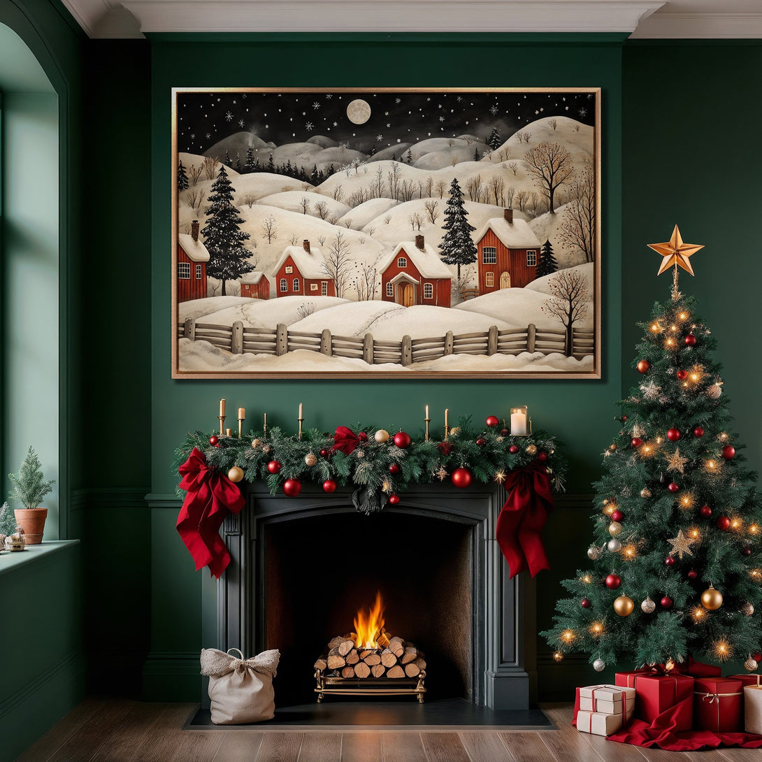 Framed Wall Art: Cozy winter scene Canvas Print with red houses, snowy landscape. Warm, inviting colors perfect for holiday decor.