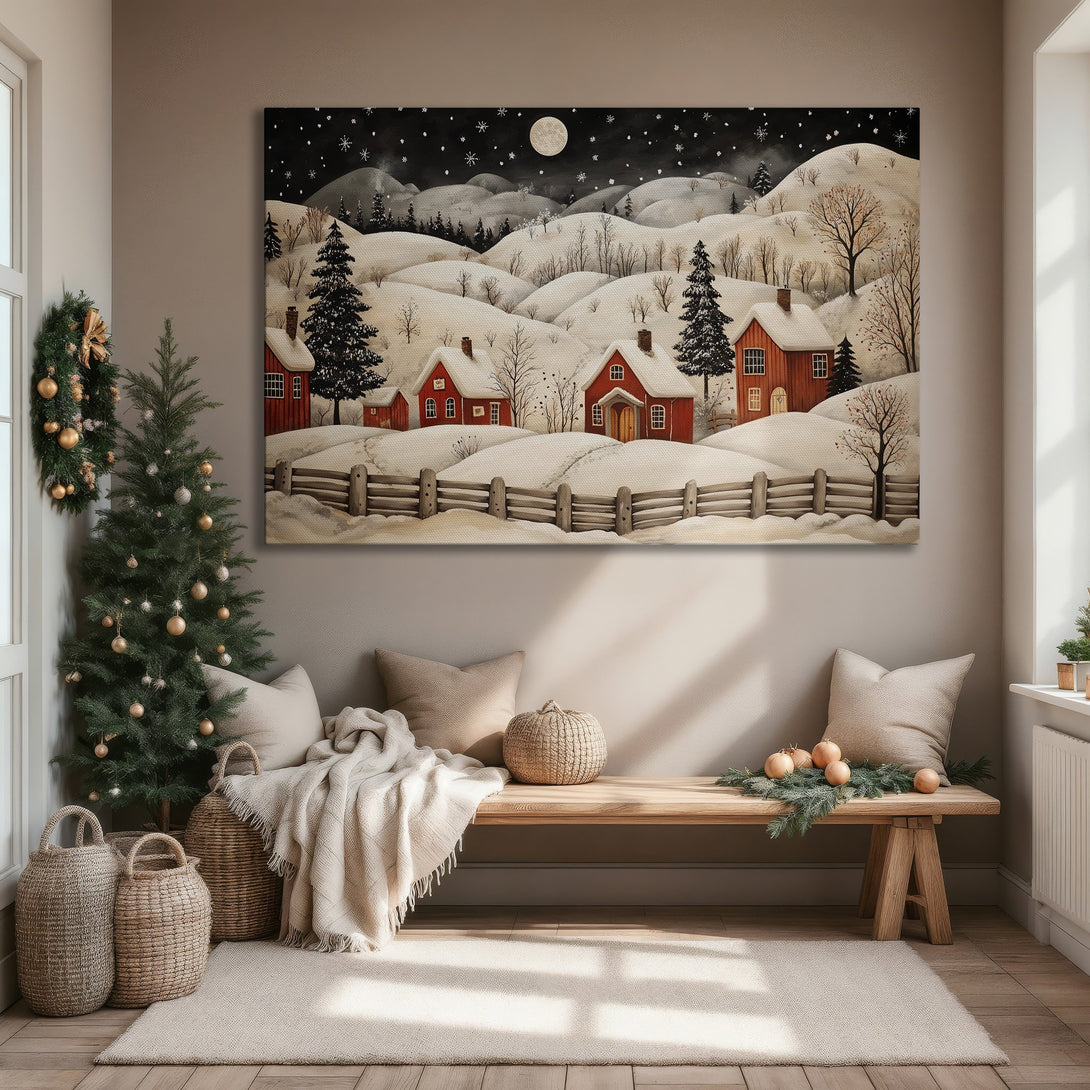 Framed Wall Art: Winter landscape Canvas Print with red houses, snow, and a moon. Cozy, warm tones in a charming, rustic style. Perfect for holiday decor!