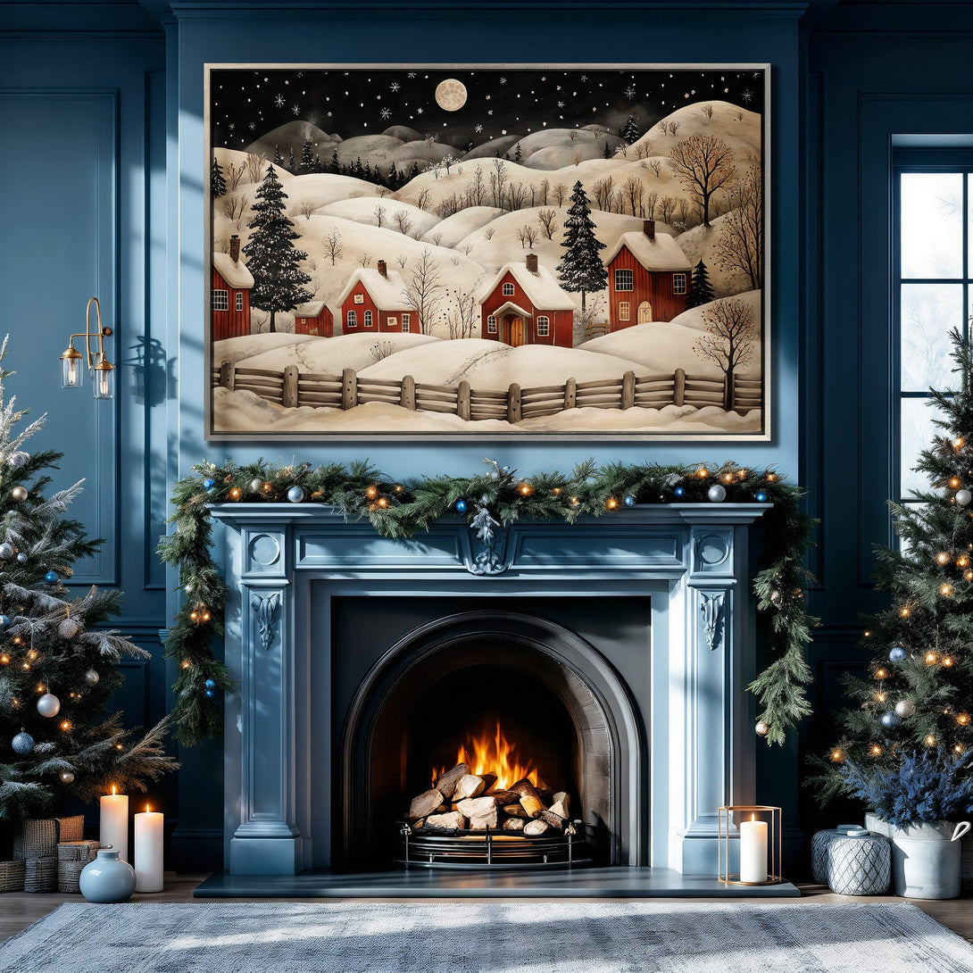 Framed Wall Art: Cozy winter scene Canvas Print with red houses, snowy landscape, and a warm, inviting color palette. Perfect for holiday decor!