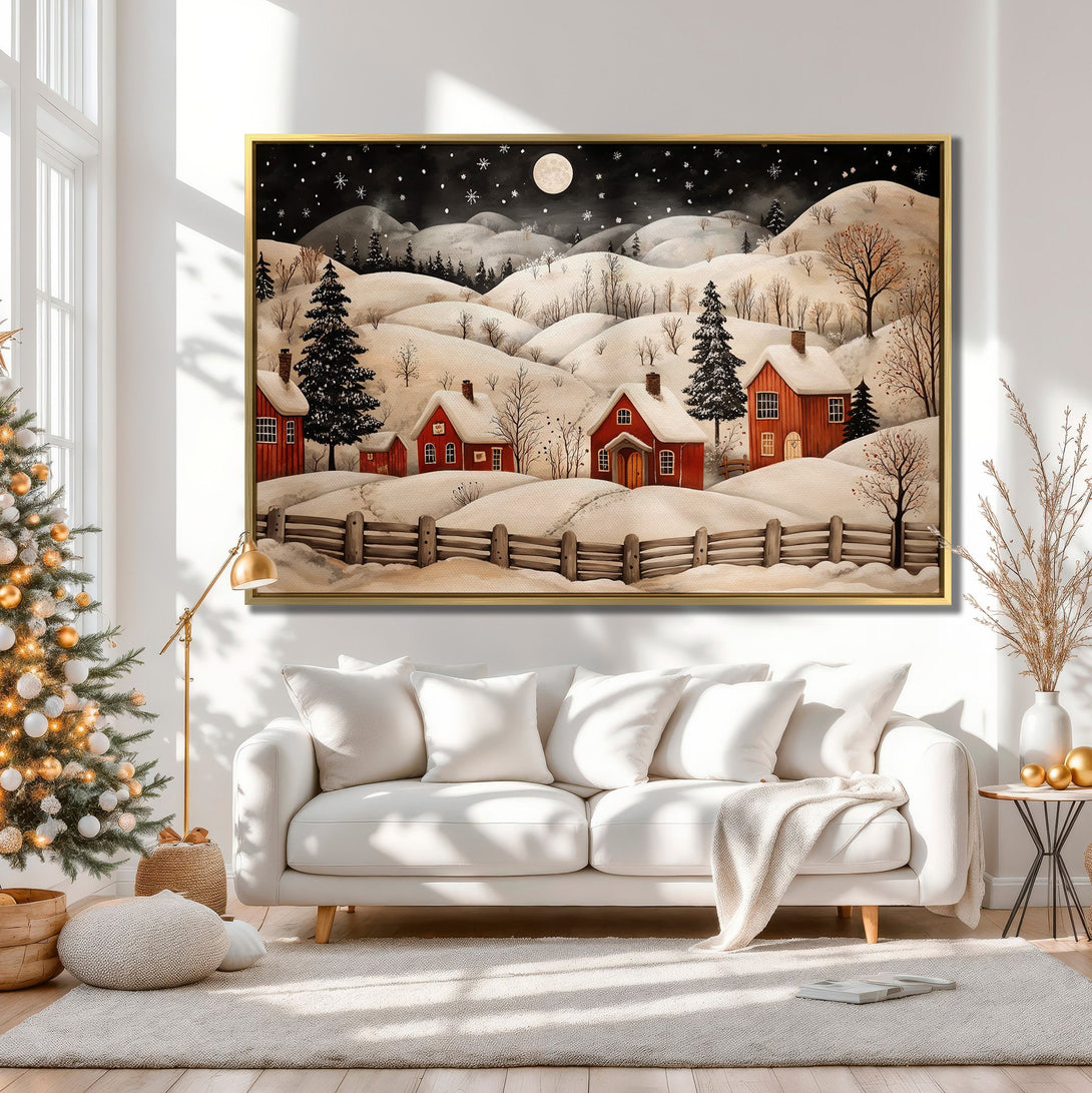 Canvas Print of a winter village scene in red and white, perfect for cozy holiday decor. Rustic style with a warm, inviting color palette.