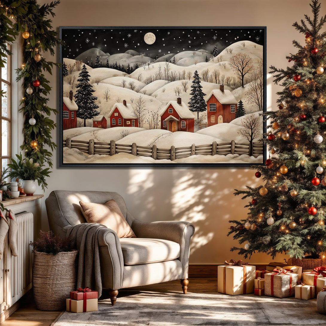 Framed Wall Art: Winter landscape Canvas Print with red houses, snowy hills, and a black and white color palette. Perfect for cozy holiday decor!