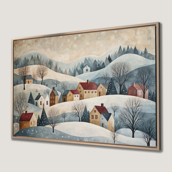 Framed Wall Art: Winter village scene in watercolor style with blue, beige, and red tones. Perfect for cozy home decor.