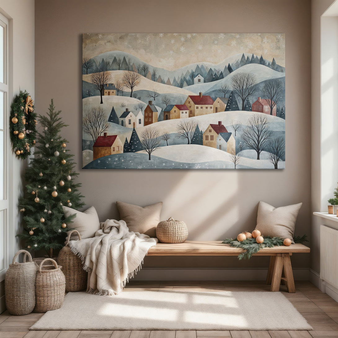 Framed Wall Art: Winter landscape Canvas Print with watercolor style, featuring snowy hills and cozy homes. Soft blue, brown, and white color palette.