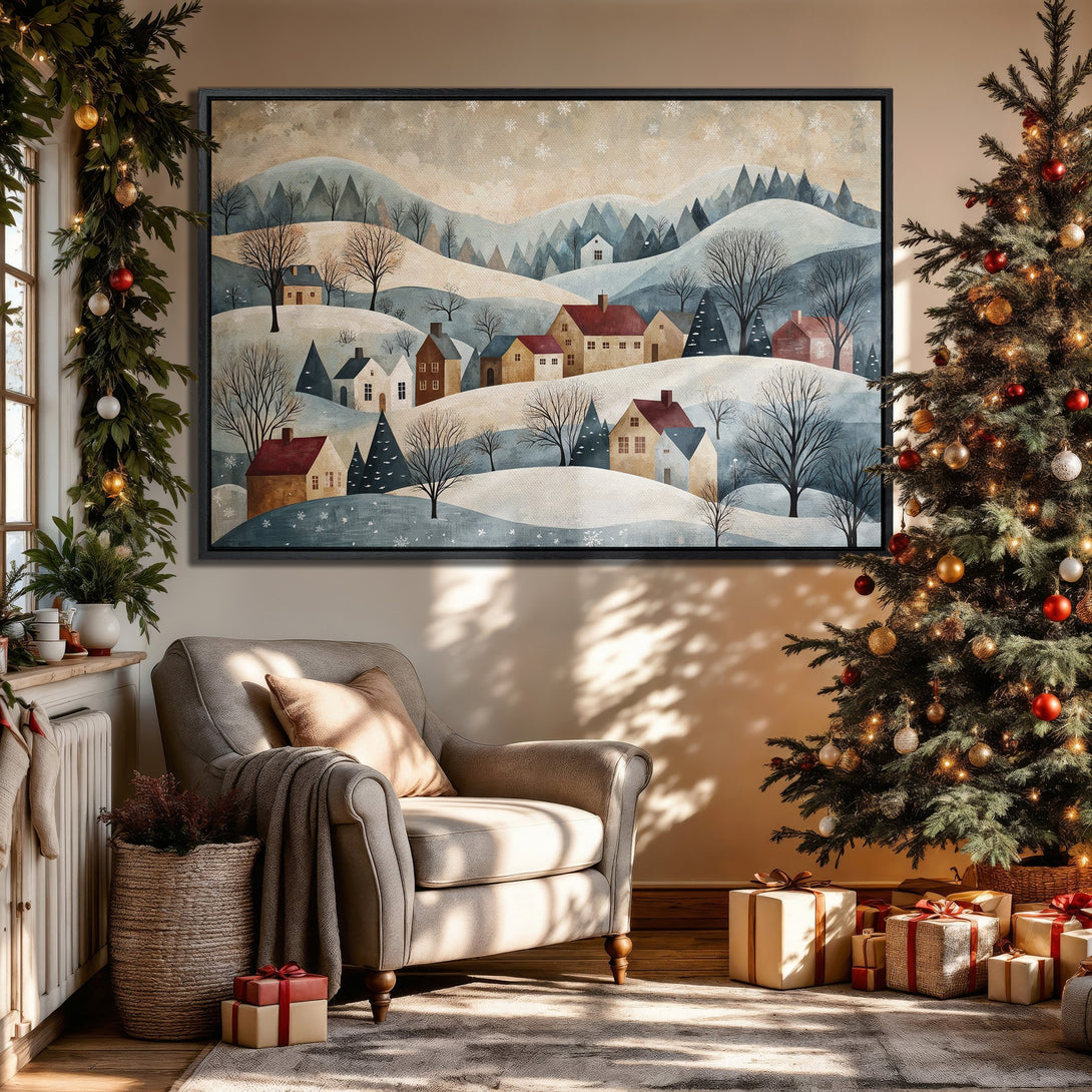 Framed Wall Art featuring a winter village scene in muted blue and brown tones. Perfect for cozy holiday decor.