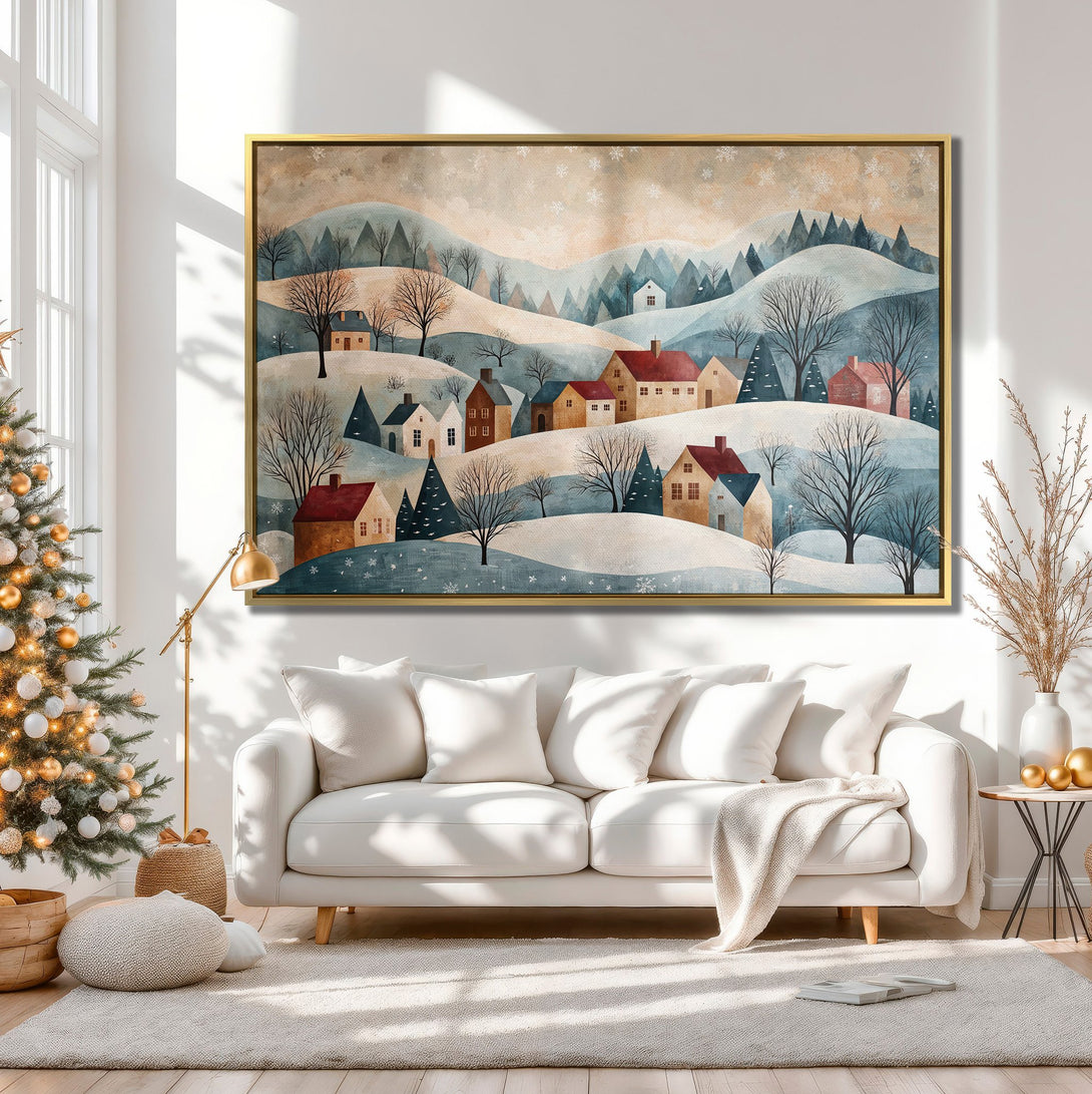 Canvas Print of a winter village scene in muted blues, browns, and creams. Cozy, artistic wall art for your home.