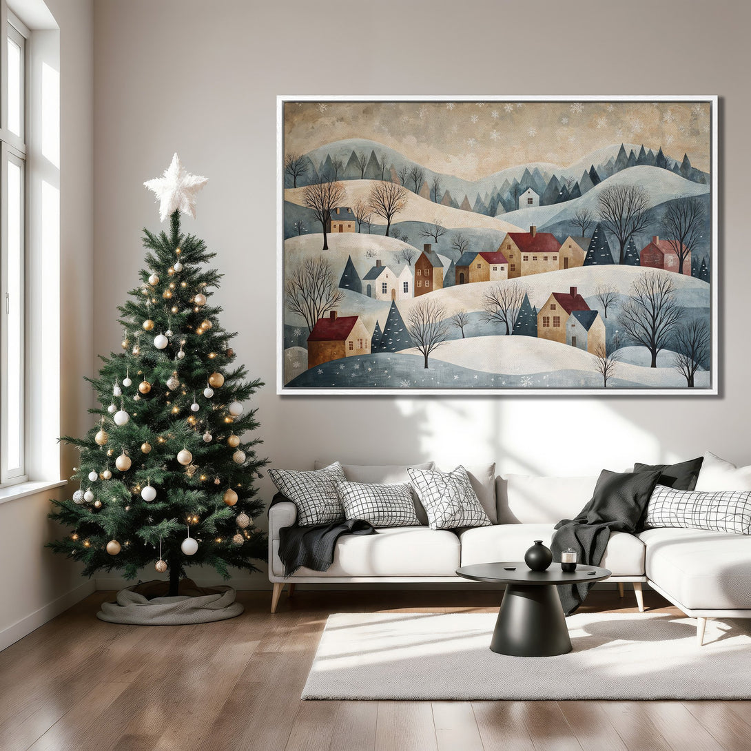 Framed Wall Art: Winter landscape scene with houses, trees, and snow in a watercolor style. Features a neutral color palette, perfect for cozy interiors.