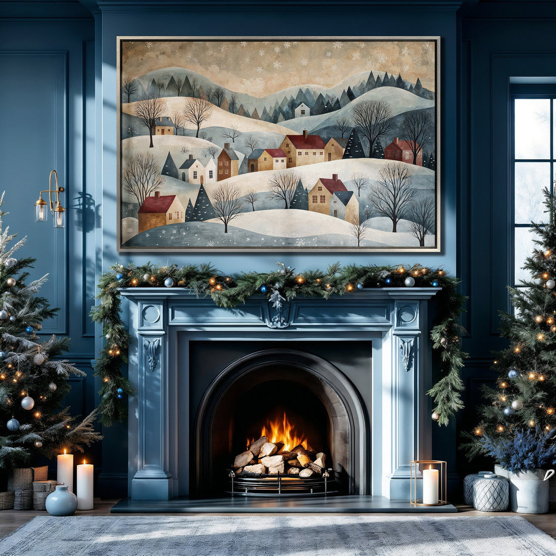 Framed Wall Art: Winter landscape Canvas Print in cool blue and neutral tones. Perfect for cozy home decor. Shop now for a touch of winter charm!
