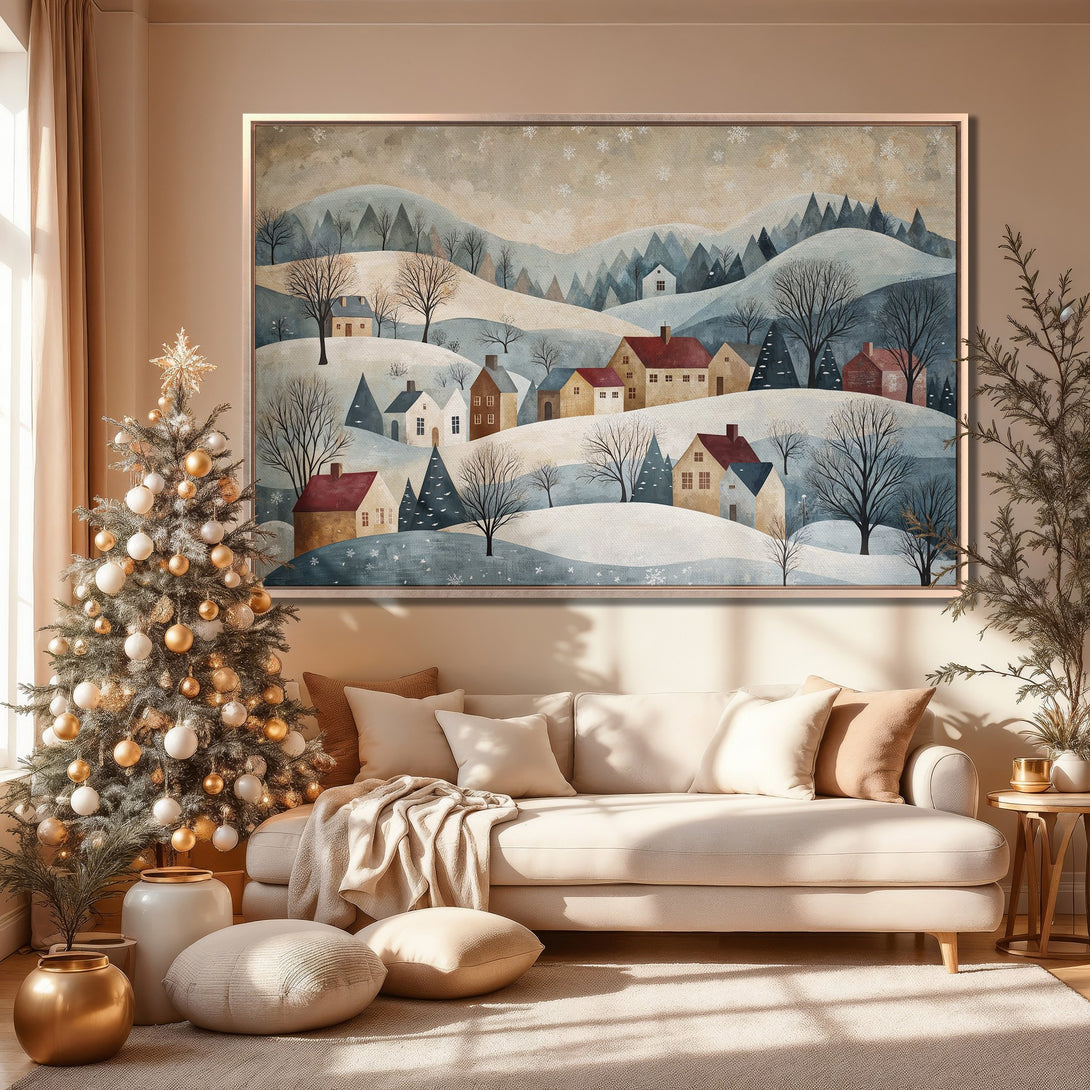 Framed Wall Art: Winter landscape Canvas Print in muted blues and browns. Cozy cottagecore style, perfect for adding warmth to your home decor.